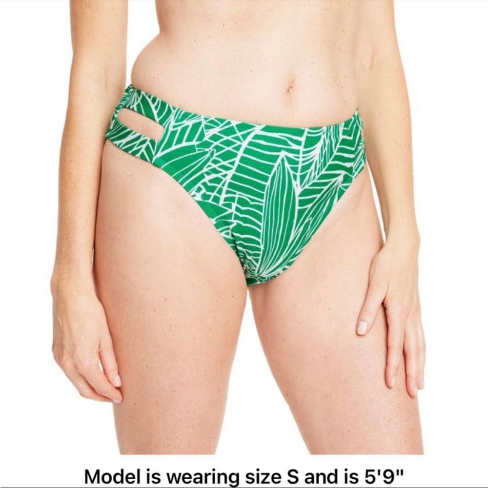 Women's Linear Floral Print Mid Waist Cutout Bikini Bottom tabitha Brown Green M